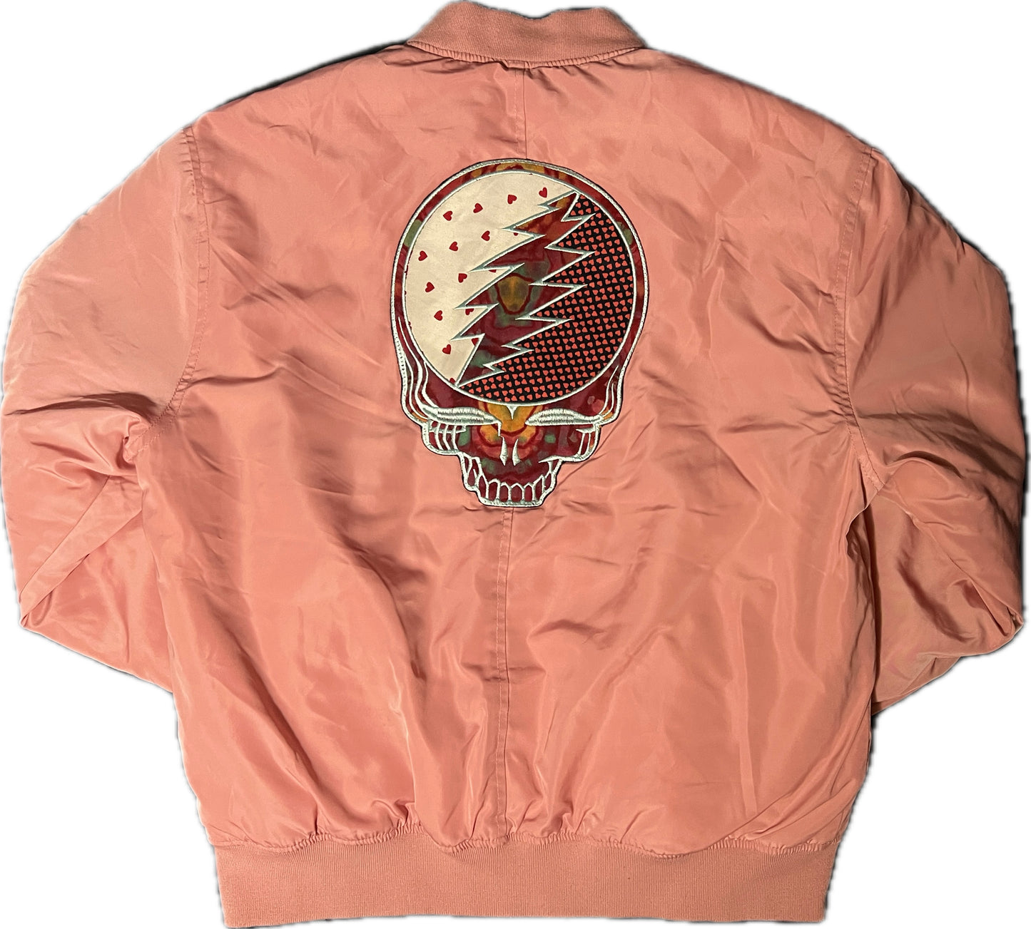 Pink bomber jacket with stealie applique patch. Medium.