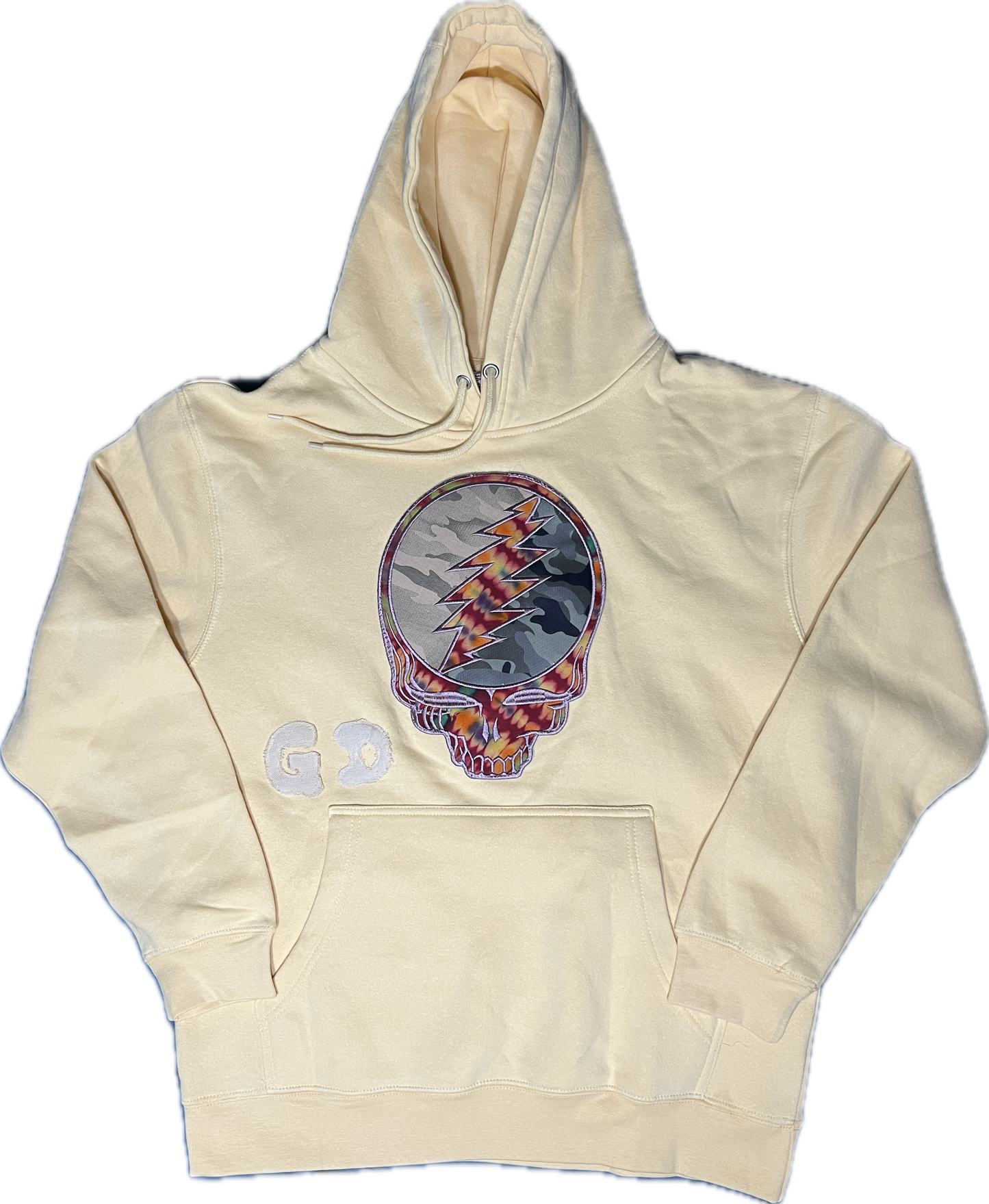 Size large yellow hoodie with stealie appliqué patch