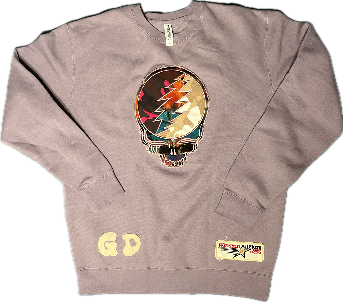 size Large lavender crewneck with stealie appliqué