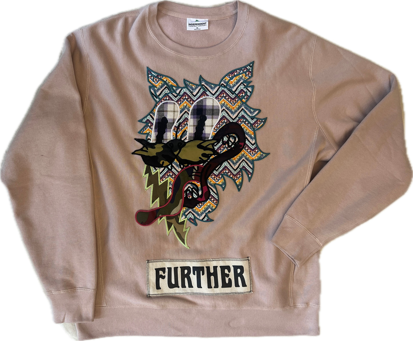 size XL crewneck with Further Cat patches