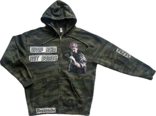 Camo zip up hoodie with Pigpen and Drop Acid Not Bombs patches, size Men’s XL