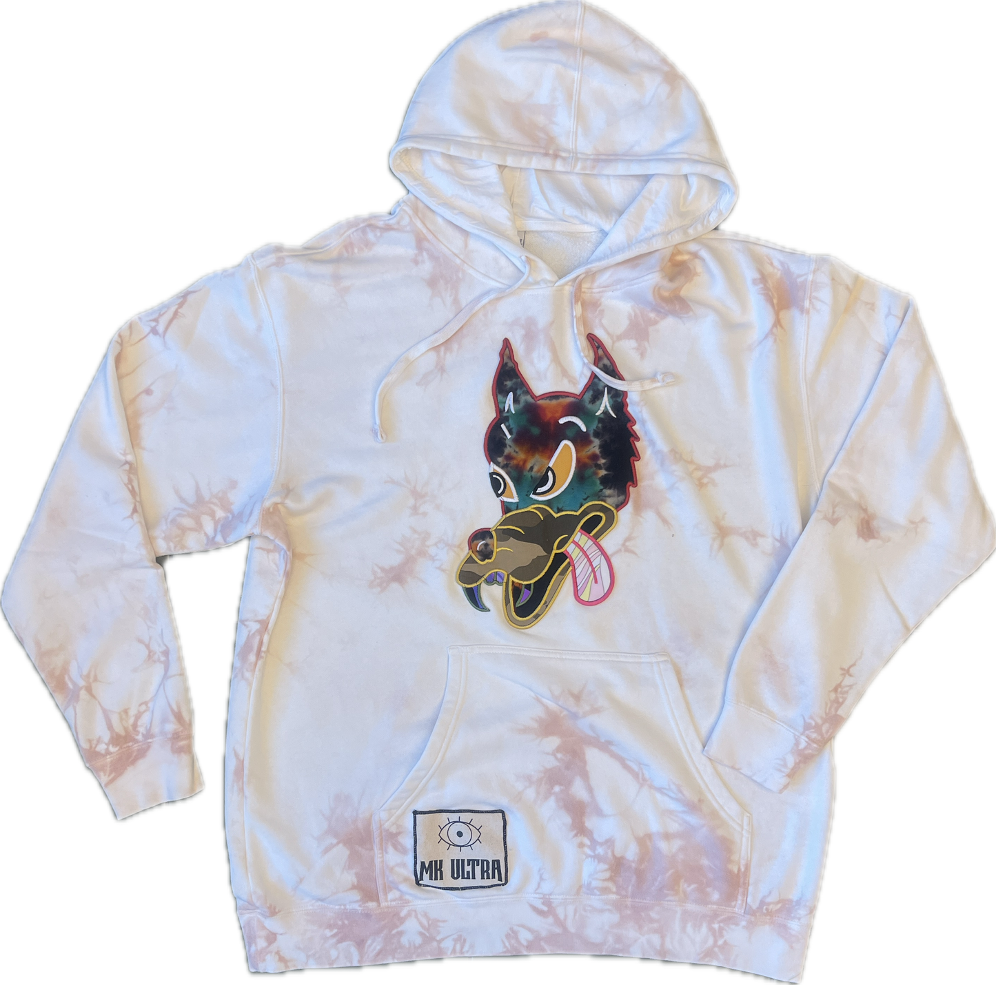 Size XL tie dyed hoodie with wolf applique and MK Ultra patch