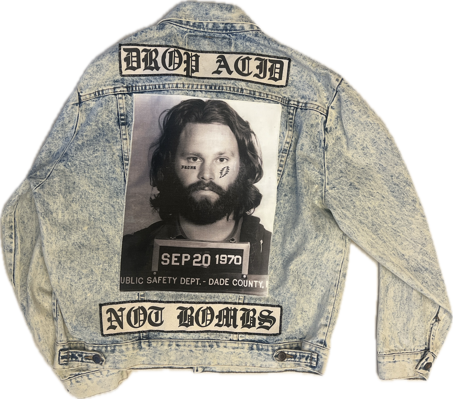 Jim Morrison mugshot Drop Acid Not Bombs jacket. Size Large.