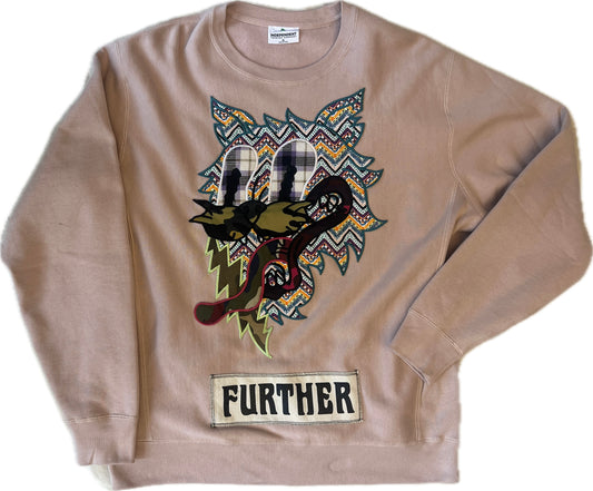 size XL crewneck with Further Cat patches